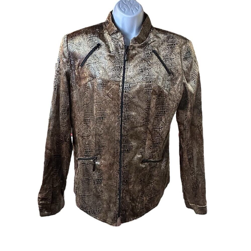 Town & Travel Metallic Snake Reptile Print Jacket Size 14 Zip Up Brown Gold USA